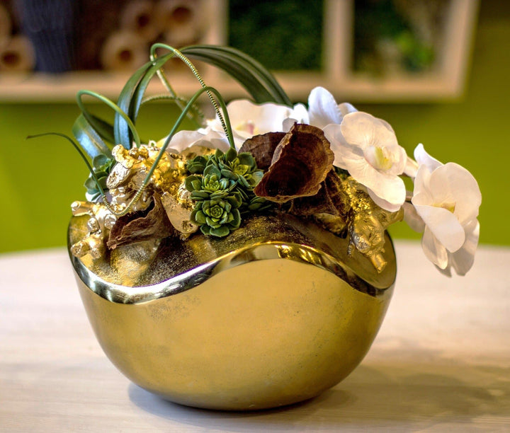 Orchids with Wood Fragment and Looped Leaves in Bowl