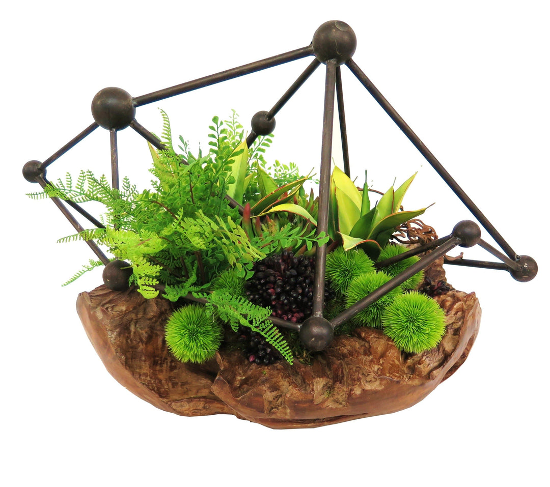 Ferns and Agave with Metal Cage Object in Bowl