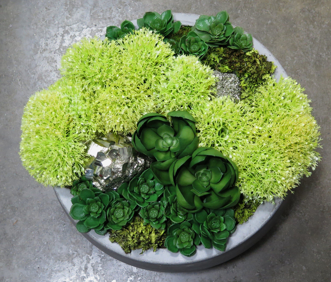 Yarrow with Succulents and Pyrite Stones in Bowl