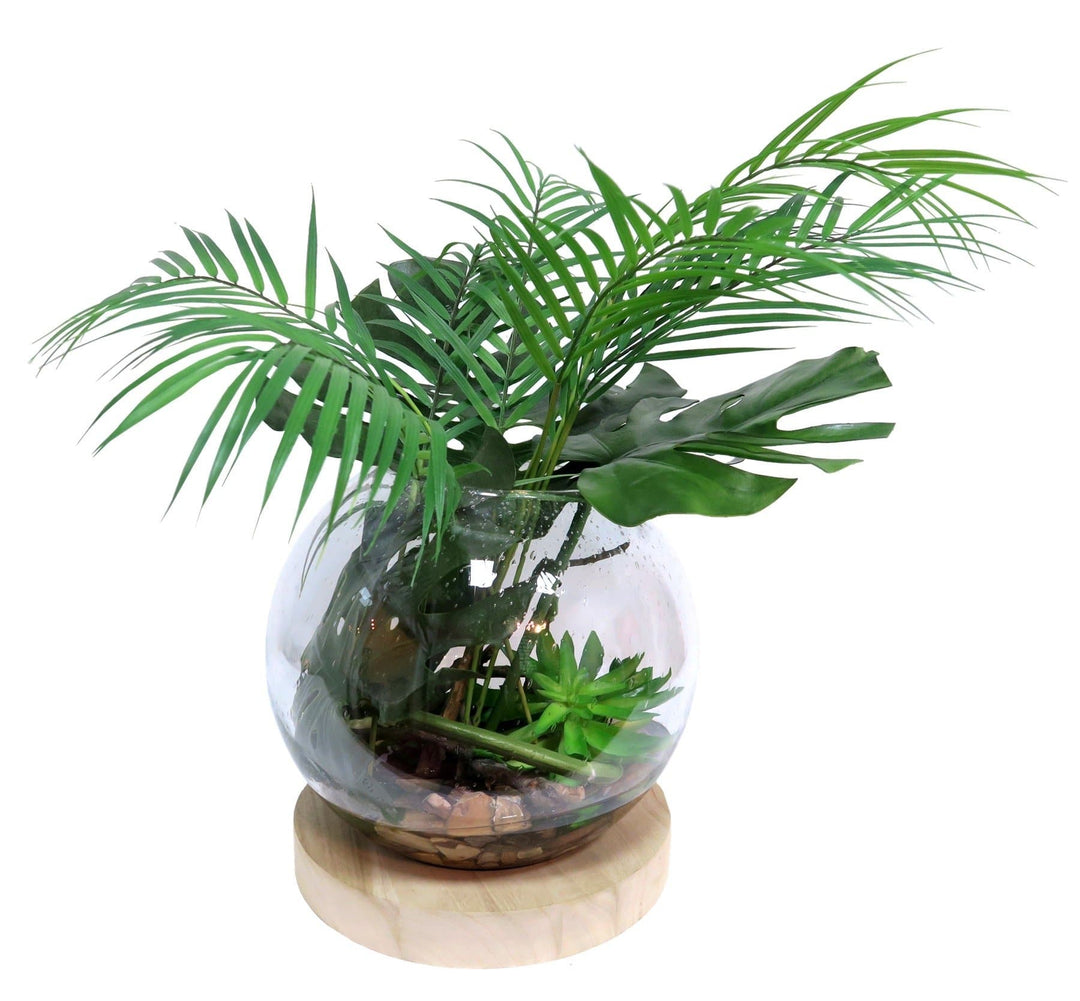 Tropical Leaves and Succulents in Glass Globe Container