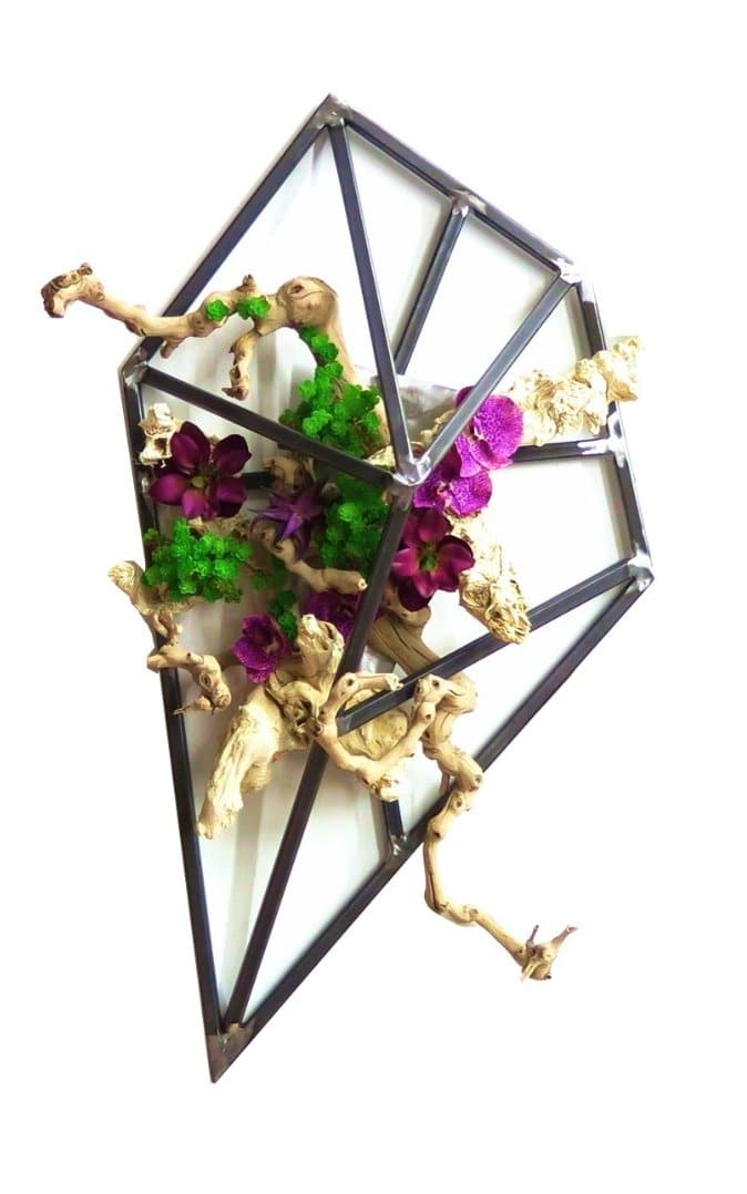 Iron Wall Sculpture Featuring Grapewood with Orchids and Allium Spheres