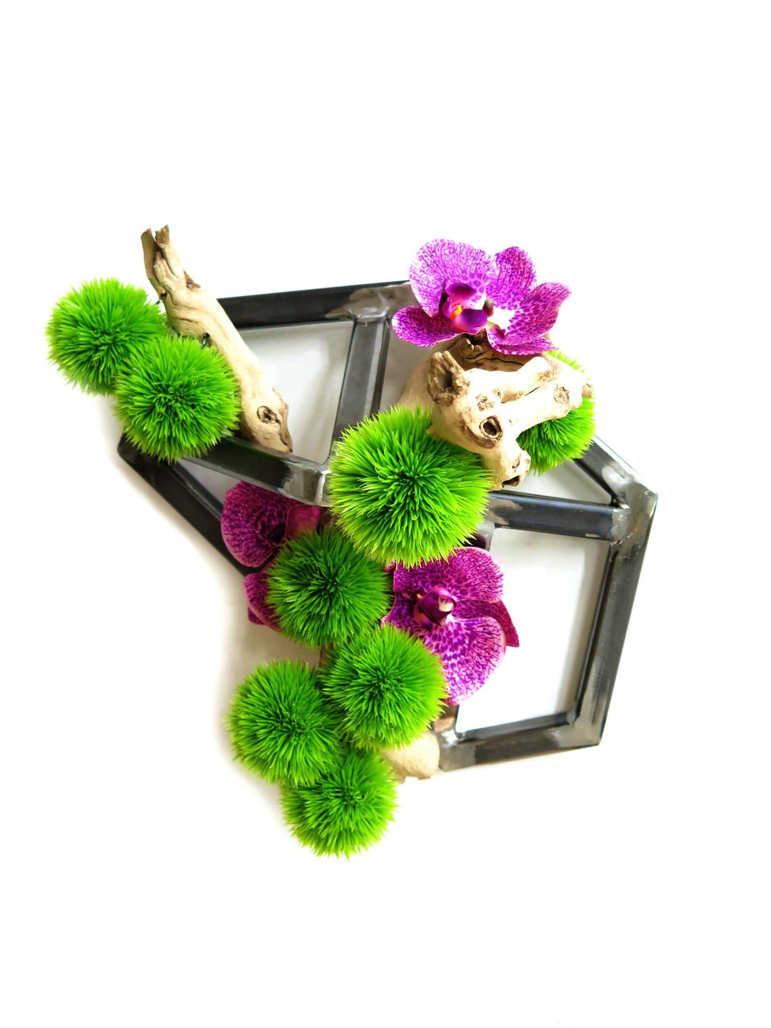 Iron Wall Sculpture Featuring Grapewood with Orchids and Allium Spheres