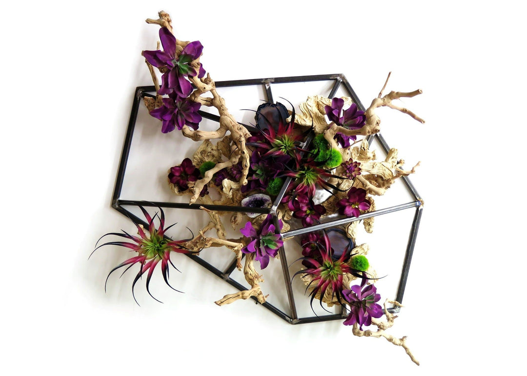 Iron Wall Sculpture Featuring Grapewood with Succulents and Crystals